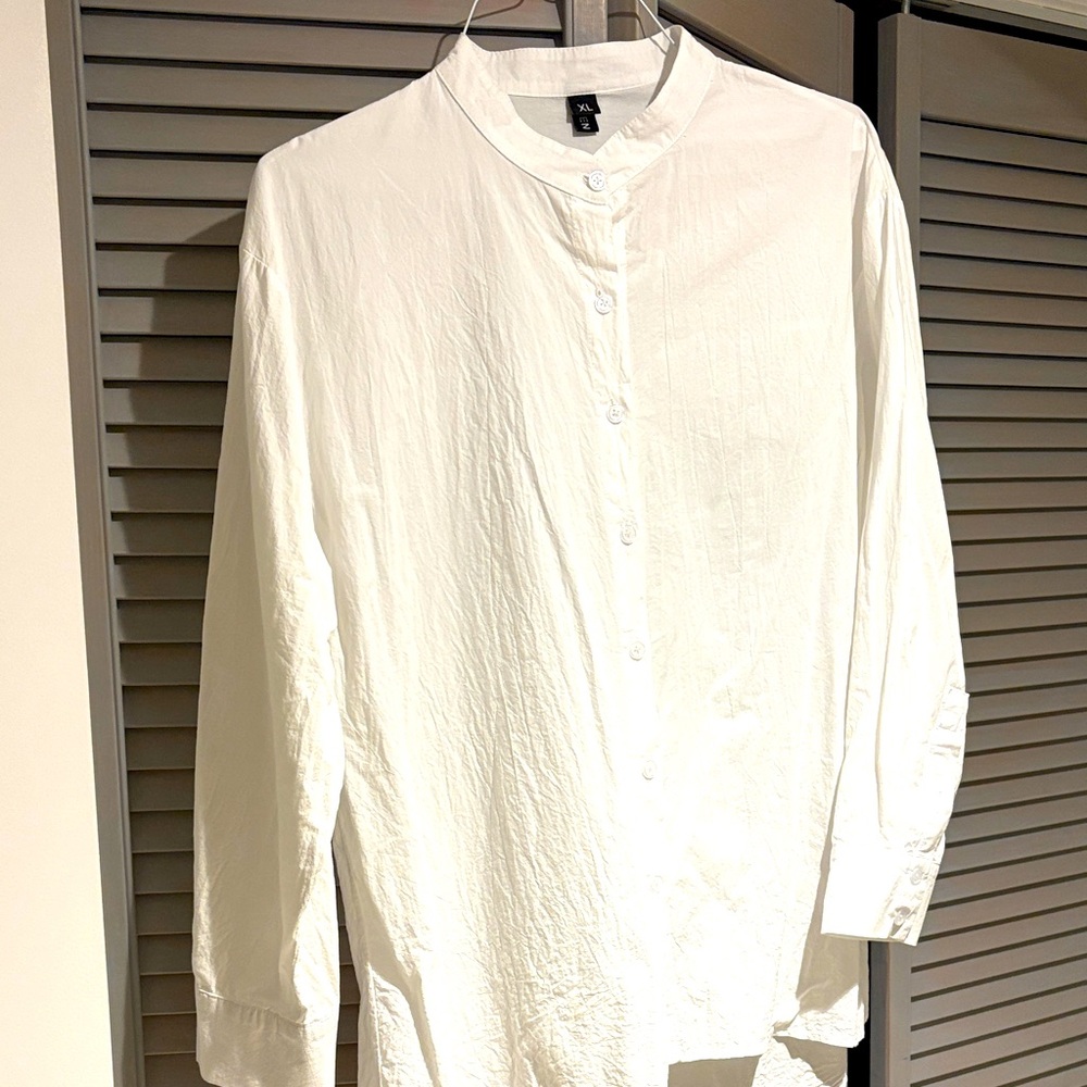 Eileen Fisher Crisp White Cotton Mandarin Collar Shirt